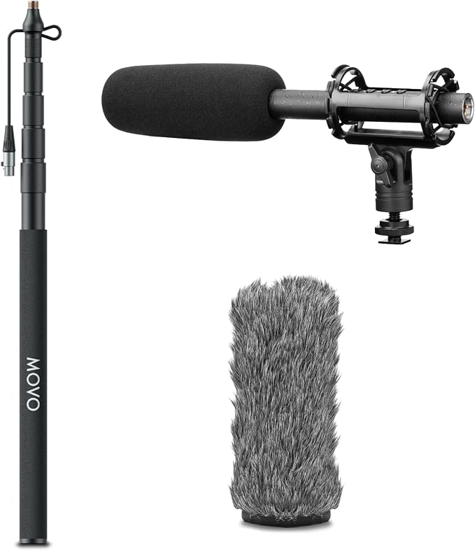 Movo XLR Shotgun Microphone & Boom Pole Kit – Professional Location Sound Recording Bundle with Shotgun Mic and Boompole with Internal XLR Cable for Filmmaking, ENG, and Broadcast Audio by Movo