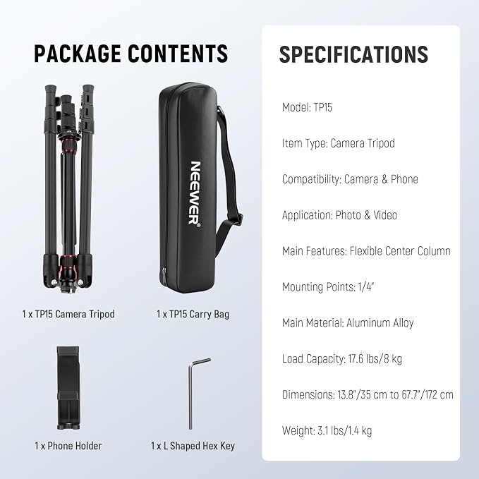 NEEWER Basics TP15 Camera Tripod Monopod, 68" Metal Heavy Duty Portable Travel DSLR Cell Phone Stand with Cellphone Holder Mount Compatible with iPhone Filming Video Recording, Ball Head Not Included - Image 9