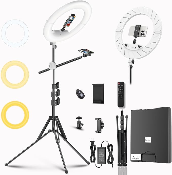 55W18 45cm Ring Light Kit [New Version] 6700K Dimmable LEDRinglightTripod Stand Dual Phone Holder for iPhone Selfie Makeup LashTattoo Studio Lighting Painting,Photo Video Recording (White) by Grabyoursforinstantvibe