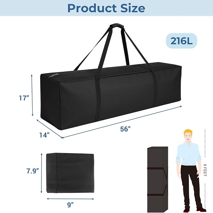 COOLBEBE 56" Sports Duffle Bag - 216L Extra Large Travel Duffel Luggage Bag | Upgrade 2-way Lockable Zippers, Heavy Duty Waterproof Long Duffle Bag for Tent Pole Camping Outdoor Moving (Black 56inch) - Image 7