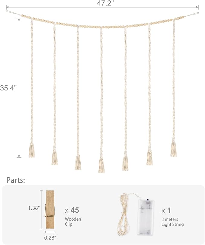 Mkono Hanging Photo Display, Boho Macrame Wall Decor with Lights, Multi | 45 Clips, String Lights, Teen Girl Stuff Gifts, Wooden Beads Banner, Pictures Postcards Holder, Bedroom Living Room Dorm - Image 6