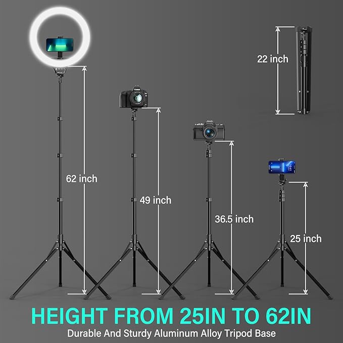 UBeesize 14'' LED Foldable Ring Light with 62'' Tripod Stand, Selfie Ring Light for Video Recording, Live Streaming, TikTok & YouTube, Compatible with iPhone & Android (Black) - Image 6