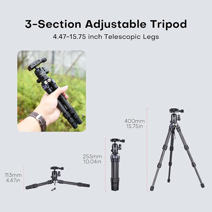 15.75"/0.99 lbs Mini Carbon Fiber Tripod, Compact Pocket Travel Tabletop Tripod for Mobile Phones, Mirrorless Cameras, Digital Cameras, Projectors, Webcams - Image 4