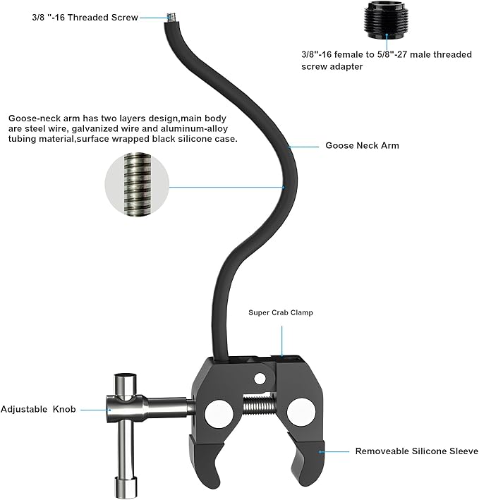 Mippko Gooseneck Microphone Stand,19.69" Flexible Adjustable Arm Super Crab Clamp Mic Clip 3/8"-16 to 5/8"-27 Adapter Mount,Compatible with Shure/Fifine / AT2020 / Pyle/Blue Snowball/Razer - Image 4