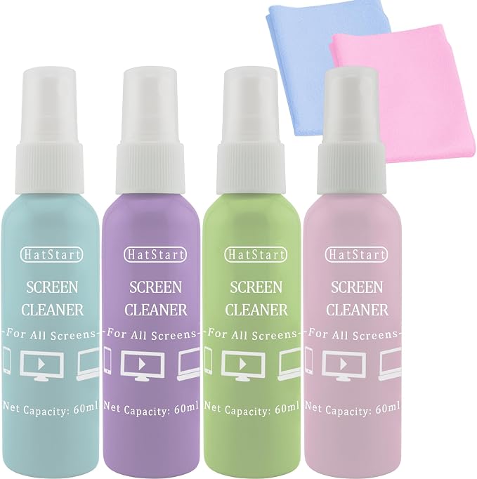 4-Pack Screen Cleaner Spray and 2 Pcs Microfiber Cloth Kit - for LCD, Laptop, PC, MacBook, iPhone, iPad, Computer Monitor, TV, Phone, Tablet, Touchscreen, Eyeglass Lens, and Car Display by Hatstart