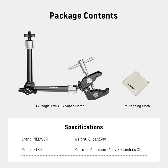 NEEWER 9.8"/25cm Magic Arm with Super Clamp & Cleaning Cloth, 1/4" & 3/8" Threads for Flash/LED Light/Microphone/DSLR Camera Monitor Compatible with SmallRig Camera Cage, Max Load: 4.4lb/2kg, ST25C - Image 8
