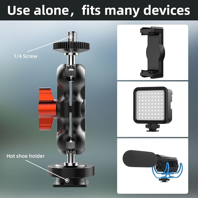 SOH Hot/Cold Shoe Phone Mount Holder, Universal 2 Ball Head Smartphone Mount Adapter, Cold Shoe Phone Clip Mount for iPhone 17/16/15, DSLR Camera LCD Camera Cage Flash LED Light Microphone and More - Image 6