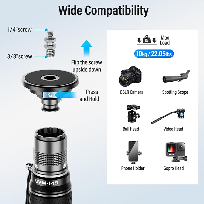 SIRUI SVM-145 Carbon Fiber Rapid Monopod, One-Step Height Adjust, 57" | 22LB Load, Monopod with Feet, Modular 3-in-1, Lightweight, DSLR, Mirrorless Camera, Travel, Outdoor - Image 9