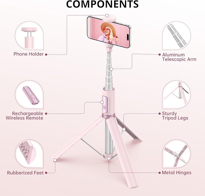 ATUMTEK 55" Selfie Stick Tripod, All-in-one Extendable Aluminum Phone Tripod with Rechargeable Bluetooth Remote for iPhone and More, Fitting 4.7-7 inch Smartphones, Pink - Image 6
