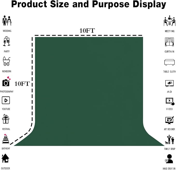 Dark Green Photography Backdrop for Photoshoot, Fabric 10x10ft | Polyester Studio Photo Backgrounds, Non Reflective, Easy to Hang, for Portrait Shoot, Product, Party Decor, Video Creation - Image 3