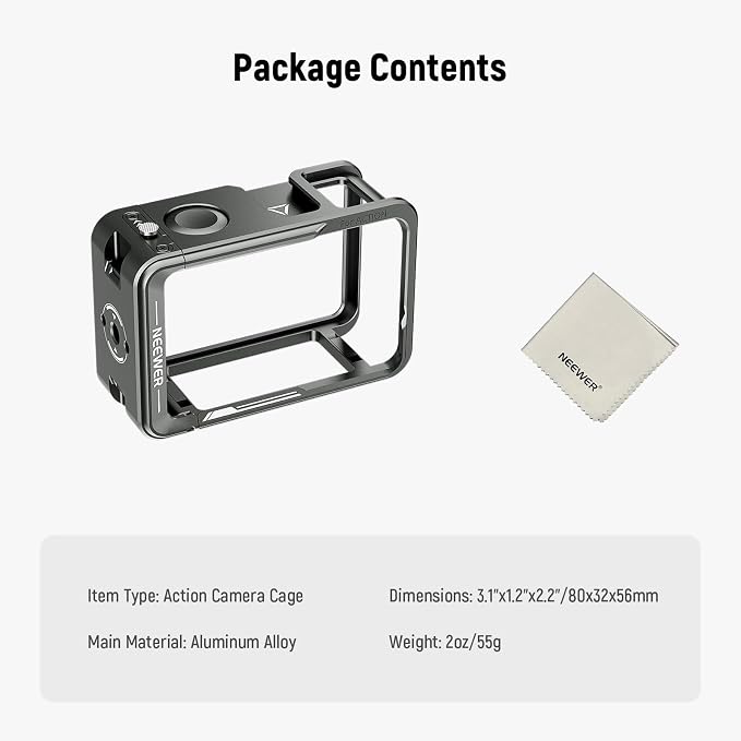 NEEWER AC014 Action 5 Pro Cage Video Rig with Cold Shoe, 1/4" Thread, Shutter Button, Cleaning Cloth Compatible with DJI Osmo Action 5 Pro / 4/3 DJI Mic Magnetic Adapter Mount, Dark Gray - Image 7