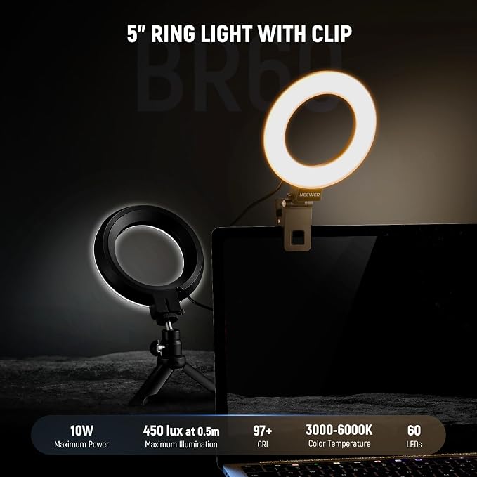 NEEWER BASICS 5" Ring Light for Video Conference Lighting, 2 Pack Clip on Light Kit with Desk Tripod Stands for Monitor Laptop Computer Zoom Call Live Streaming Recording Remote Working Learning, BR60 - Image 3