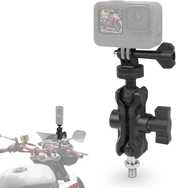Camera Mount with 360°Dual Ball Head, Motorcycle Handlebar Mounting Bundle Kit for lnsta360 X5/X4/Gopr0 DJl Action 5/, 1/4"-20 & Tripod Adapter, Action Camera Mount Adapter for M10 Hole Base,75019 by Mechrig
