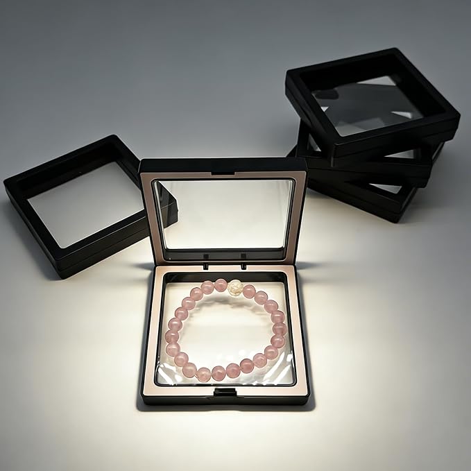12 PCS Dual-Color Packaging Box 3D Floating Frame Display Stand, Color-Matching Packaging Display Box, Transparent Window Jewelry Case, PE Film Anti-Oxidation Storage Case. (Black+Pink) - Image 4