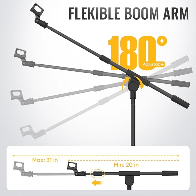Microphone Stand for Light Microphone less than 1 LB - Tripod Boom Arm Mic Stand with Carrying Bag, 2 Mic Clips and Screw Adapter Portable for Singing Performance Wedding Stage and Mic Mount - Image 3