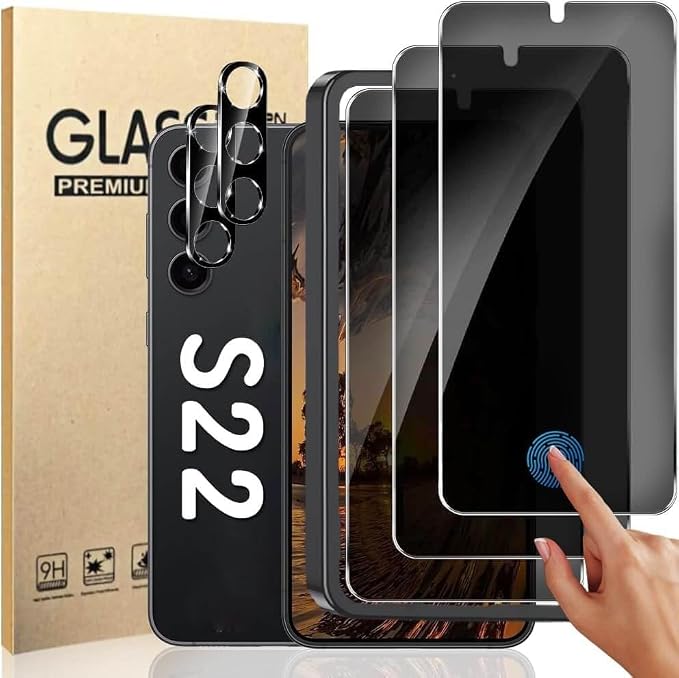3+2 Pack Privacy Screen Protector And Camera Lens Protection for Galaxy S22 5G, Anti-Spy 9H Hardness Support Fingerprint Unlock Tempered Glass Screen Protector for Samsung Galaxy S22 by Unknown