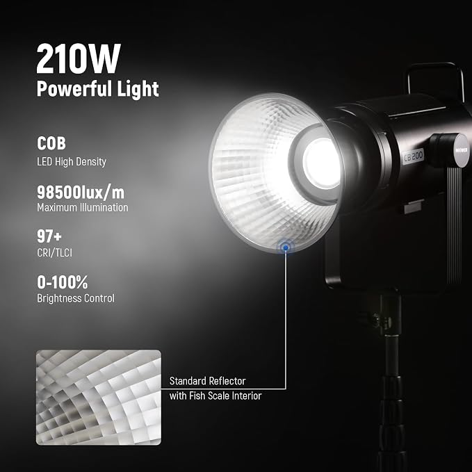 NEEWER CB200 210W LED Video Light with 2.4G/APP Control, 5600K Daylight COB Continuous Output Lighting for Photography with 98500lux/m, CRI97+/TLCI97+, 9 Scenes, PWM Dimming, Bowens Mount - Image 3