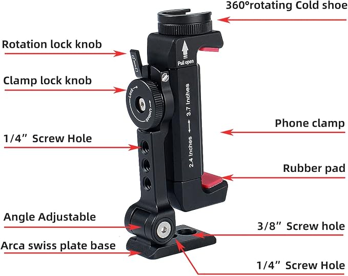 Metal Phone Tripod Mount with Rotatable Cold Shoe for Microphone Mount, Compatible with iPhone & Android, Universal Tripod Adapter for Vlogging, Cell Phone Holder, Youtube, Video Creators Rig - Image 5