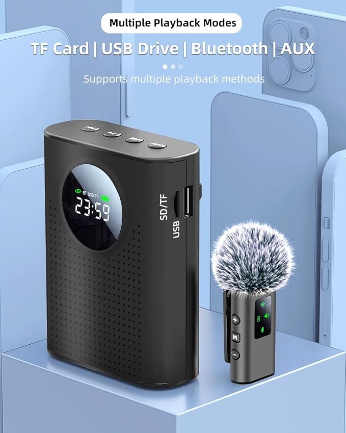 S67 Rechargeable Voice Amplifier Wireless Microphone Dual for Teachers Classroom, Mini Lavalier Lapel Mic Clip Magnetic, Bluetooth Speaker with LED Display for Class, Tour Guide, Coaches, Black - Image 9