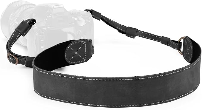 MegaGear Sierra Genuine Full-Grain Leather Camera Strap — Vintage Shoulder & Neck Strap for Canon, Sony, Fuji, Leica, Nikon, Olympus DSLR & Mirrorless — 39-47 in Adjustable, Hand-Stitched, Black by MegaGear