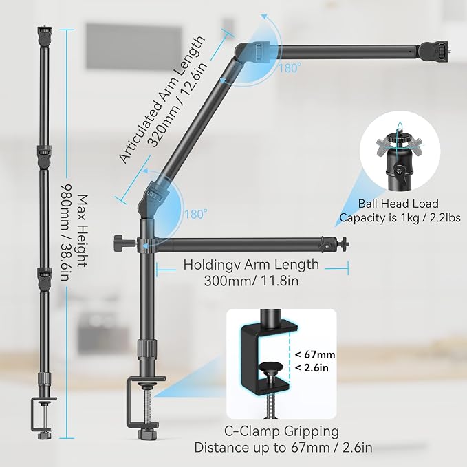 SMALLRIG Overhead Camera Mount, Camera Desk Mount Stand with Flexible Arm | 360° Rotatable Ball Head, DSLR Boom Arm Tabletop C Clamp for Photography Videography Live Stream - 4456 - Image 2