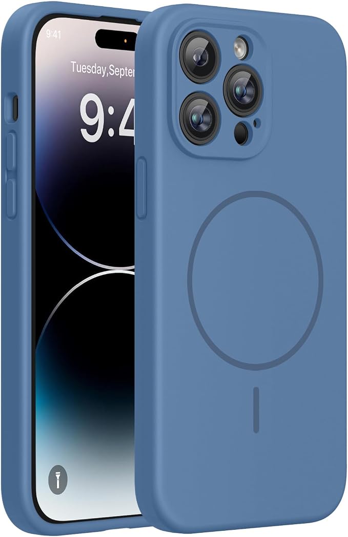 miracase Magnetic for iPhone 14 Pro Max Case, [Soft Anti-Scratch Microfiber Lining], Compatible with MagSafe, Silicone Shockproof Protection Phone Case for iPhone 14 Pro Max,Glass Blue by Miracase