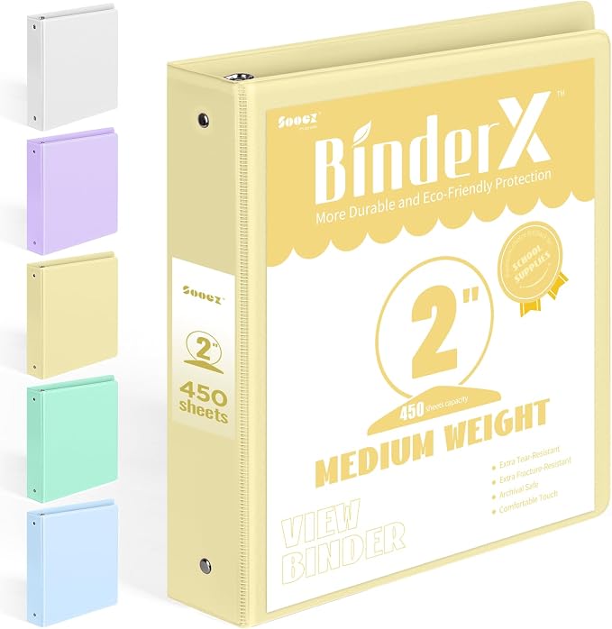 BinderX 3 Ring Binder 2 Inch, 2" Clear View Binder, Yellow, Letter / A4 | Extra Durable, PVC-Free, Customizable, Interior Pockets, 450-Sheet Capacity, Eco-Friendly, Reinforced Hinge, School, Office by Sooez