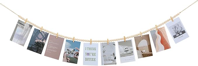 KLOGTSIND Hanging Photo Display with Clips, Wood Bead Garland Wall Decor | Photo String Banner with 10 Clips for Bedroom Room Dorm Cubicle, Picture Cards Artwork Display, Christmas Teen Girls Gifts by KLOGTSINDDirect