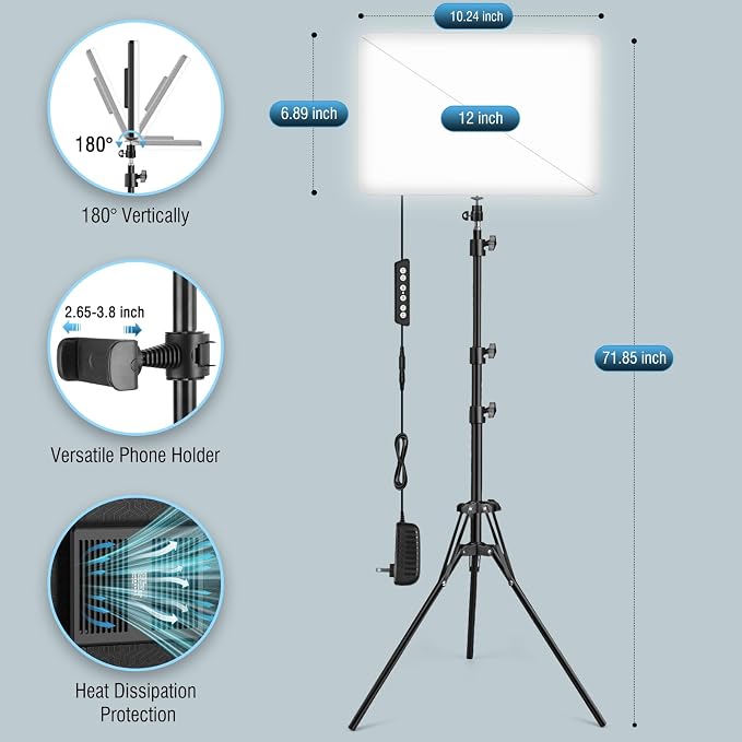 2-Pack LED Video Light Kit with 63'' Tripod Stand, 2500K-8500K Dimmable Studio Light Photography Panel Lighting for Video Recording Game Live Streaming Podcast YouTube Filming, Phone Holder - Image 4
