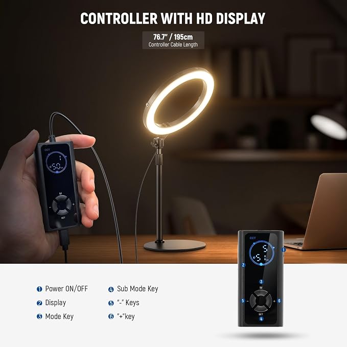 NEEWER 10" 20W LED Ring Light with Desk Stand Phone Holder for iPhone Laptop, Bi Color 2900K-7000K, USB C PD Input, CRI97+ 1660LX/0.5m, Selfie Makeup TikTok Recording Video Conference Lighting, RH10B - Image 8