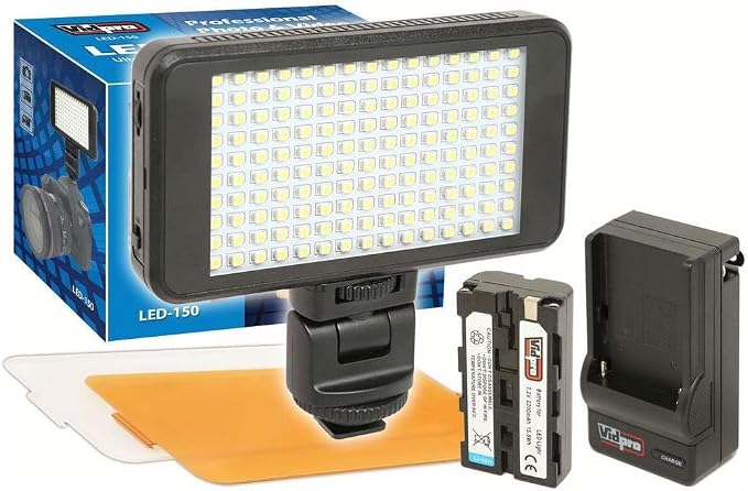 Vidpro LED-150 Photo and Video Light Kit - On Camera Panel LED Light - Adjustable and Dimmable Light Fits Cameras Video Camcorders and DLSR w/Hot Shoe Includes Rechargeable Battery Diffuser and More by Vidpro
