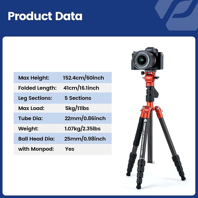 Fotopro 59" Carbon Fiber Travel Tripod, Compact Video Tripods with Fluid Head, Detachable Monopod with Arca-Swiss Quick Release Plate and Bag, Camera Tripod Load up to 8KG/17.63lbs, Orange - Image 2