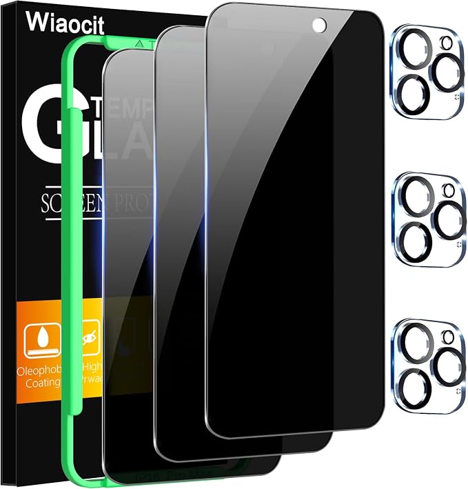 Wiaocit Tempered Glass Privacy Screen Protector for iPhone 16 Pro Max | 3+3 Pack, 9H Hardness, Camera Lens Protector, Installation Frame, Bubble Free, Case Friendly by Wiaocit