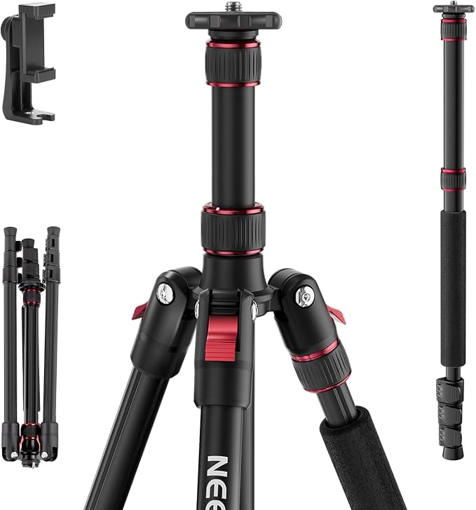 NEEWER Basics TP15 Camera Tripod Monopod, 68" Metal Heavy Duty Portable Travel DSLR Cell Phone Stand with Cellphone Holder Mount Compatible with iPhone Filming Video Recording, Ball Head Not Included by Neewer