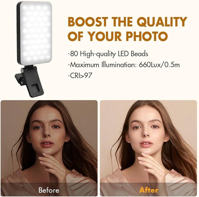 Selfie Light for iPhone,Portable Phone Clip on Light,Rechargeable LED Ring Light for Phone,Video Recording,Camera,Laptop,TikTok,Tablet,Vlog,Computer,5 Lighting Modes,80 LED High Power - Image 3