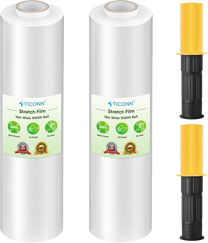 TICONN 2Pk Stretch Wrap Stretch Film Roll, 1000ft Industrial Strength 15 inch Wide Clear Plastic Wrap with Handles for Pallet Wrapping Shipping Moving by TICONN