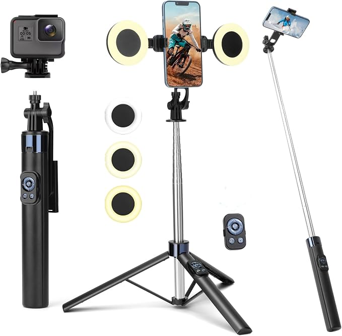 70” Phone Tripod & Selfie Stick with Light, Metal Tripod Holder with Wireless Remote,Portable Travel Selfie Stick Tripod for iPhone/Android and Gopro by HUGSEE
