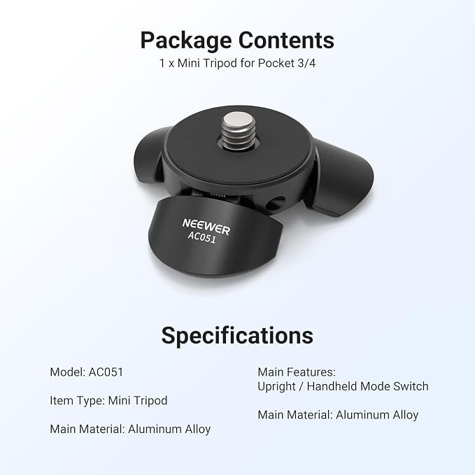 NEEWER Mini Tripod Compatible with DJI Osmo Pocket 4 & 3, Small Desktop Gimbal Camera Holder Mount Stand with 1/4" Screw Compatible with Insta 360 X5 X4 X3, Upright/Handheld Mode Switch, AC051 - Image 7