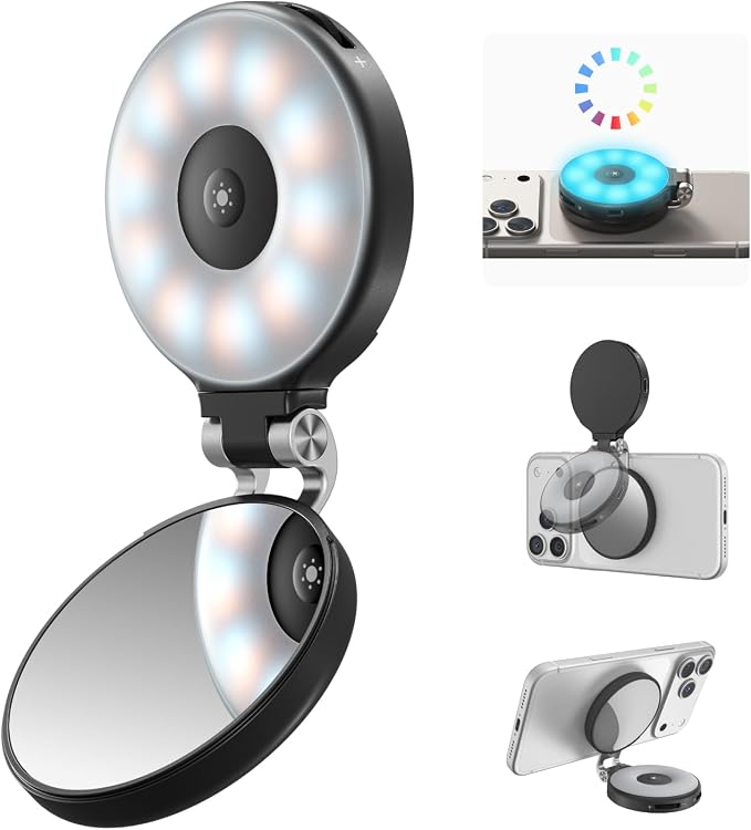 TELESIN Upgraded 4-in-1 Magnetic RGB Selfie Ring Light with Mirror & Phone Stand, Rechargeable Portable Clip On Fill Light for iPhone Samsung TikTok, Vlogging, Makeup, Photography, Streaming (Black) by telesin