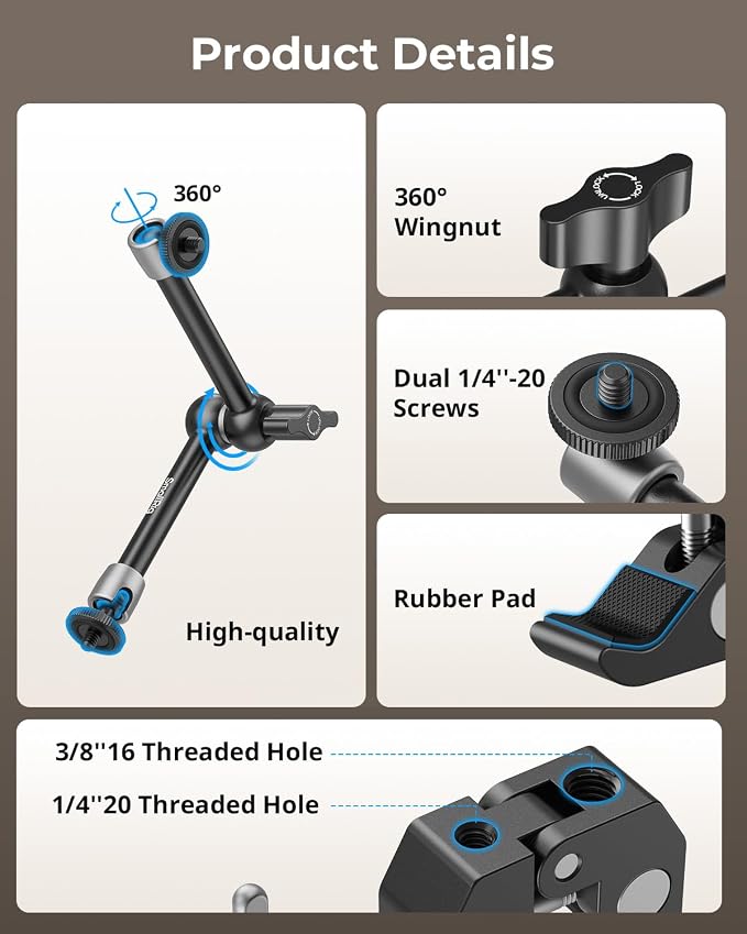 SMALLRIG Clamp w/ 1/4" and 3/8" Thread and 9.8 Inches Adjustable Friction Power Articulating Magic Arm with 1/4" Thread Screw for LCD Monitor/LED Lights - KBUM2732B - Image 2