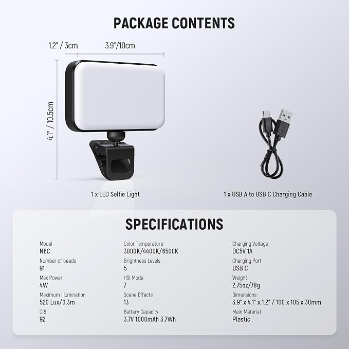 NEEWER Entry Level Version LED RGB Selfie Light, 91 LEDs Plastic Clip on Phone Fill Lighting for iPhone, 20 Effects CRI92 1000mAh, for Computer Webcam Laptop Zoom Video Conference Recording, N6C - Image 9