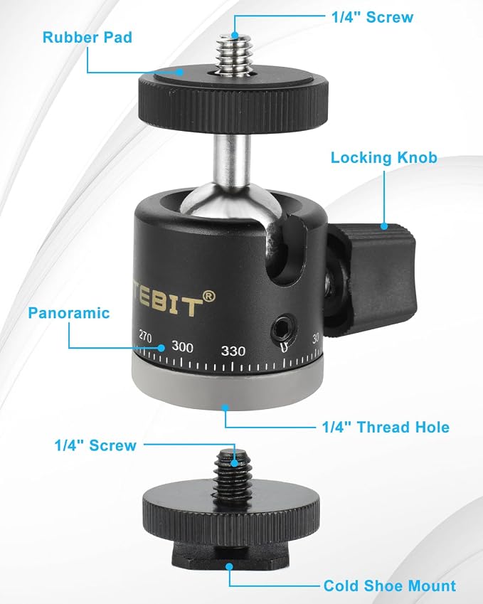 UTEBIT Panoramic Tripod Head with 1/4" Camera Hot Shoe Mount, Black | Mini Ball Head DSLR Camera Mount Adapter Photograph Attachment Accessories for Action Cameras Cam Smartphone Light Microphone - Image 6
