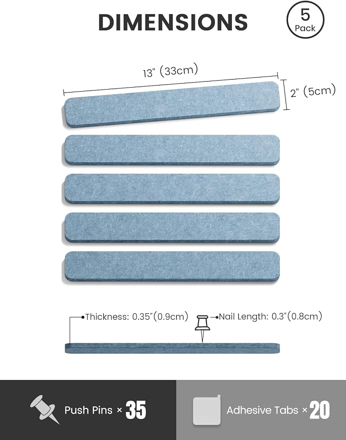 Fluxynara 13" x 2" Felt Wall Panels, Dusty Blue | 5-Pack Includes 35 Push Pins and Adhesive Tabs for Photos, Notes and Decor in Bedroom Doors, Home Office or Studios - Image 2