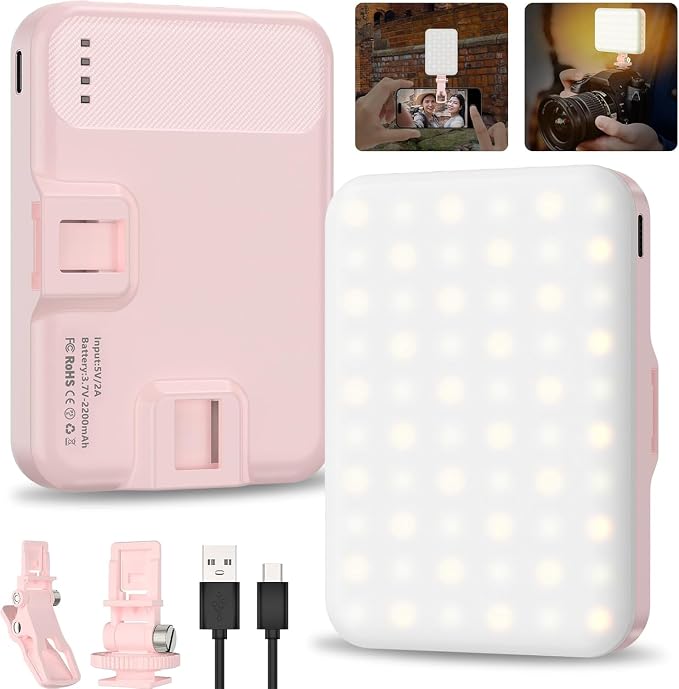Hagibis LED Camera Light Video Lights Portable Photography Lighting 60 LED 2200mAh Rechargeable Selfie Light 7 Modes, 10-Level Brightness, Portable Clip on Light for Phone/Tablet/Laptop, Pink by Hagibis