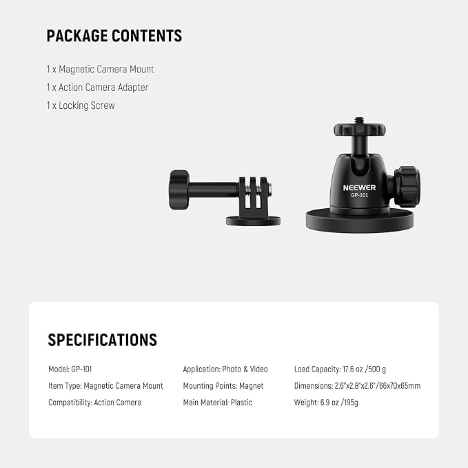 NEEWER Basics Magnetic Action Camera Mount for Car Video Recording, GP-101 | Compatible with GoPro DJI Action 6 Osmo 360 Pocket 4P 4 3 Xtra Muse Insta360 Luna Ultra X5 X4 X3 Ace Pro AKASO Accessories - Image 7