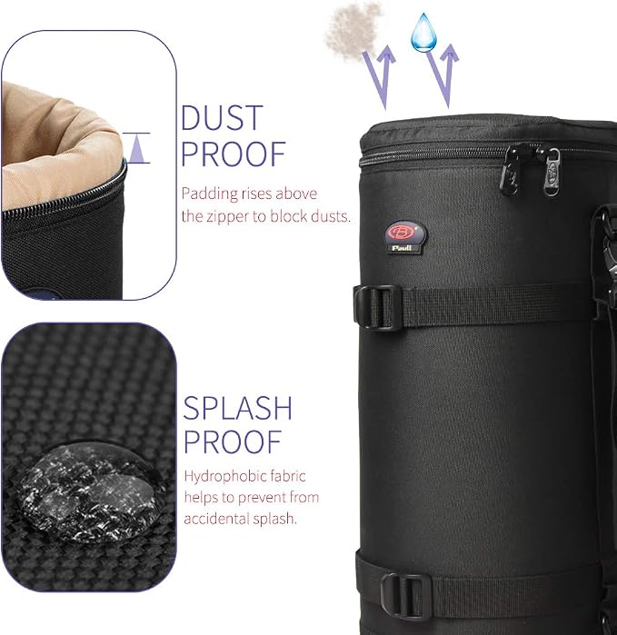 Camera Lens Pouch for DSLR Lenses Up to 5.71" x 13.78" | Durable Water-Resistant Lens Case with Thick Padding, Zip Closure & Shoulder Strap for DSLR Lens Protection - Image 4