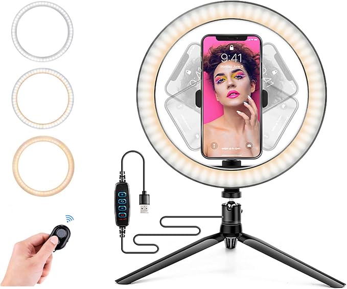 Ring Light with Stand OEBLD Dimmable Desk Selfie Ring Light with Phone Holder for Video Photography Remote Control for Makeup Live Streaming YouTube Lighting (D(10.2''Ring Light & Tripod)) by OEBLD