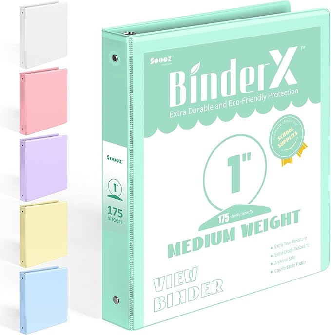 BinderX 3 Ring Binder 1 Inch, 1" Clear View Binder, Light Green, Letter/ A4 | Extra Durable, PVC-Free, Customizable, Interior Pockets, 175-Sheet Capacity, Eco-Friendly, Reinforced Hinge, School, Office by Sooez
