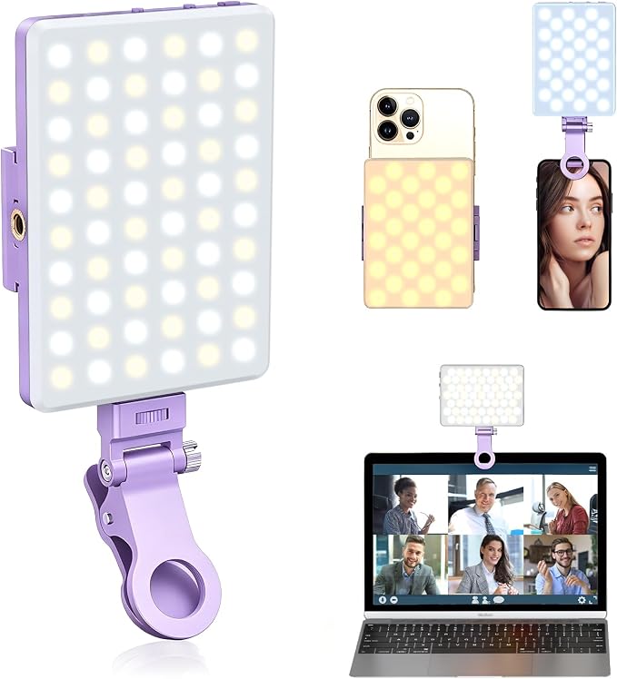 Selfie Light, Phone Light with Front & Back Clip, 60 LED Portable Light with 3 Modes, 5000mAh Rechargeable Video Light for Phone, iPhone, IPad, Laptop, TikTok, Makeup, Live Stream, Vlog(Purple) by OLRPT