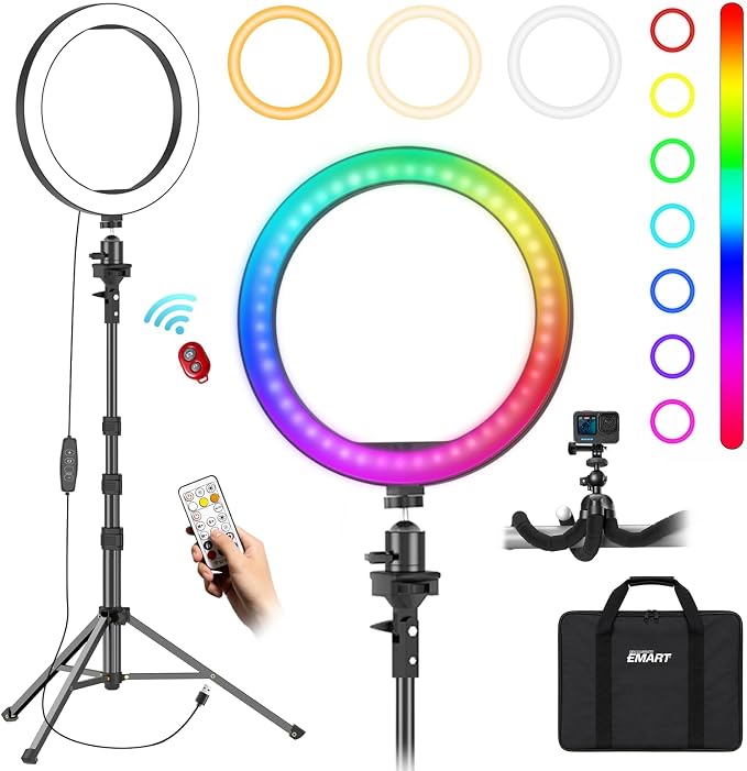 EMART 10'' Ring Light with 51'' Extendable Tripod Stand & Phone Holder | 16 RGB Colors 13 Dynamic Modes & 10 Brightness Levels Selfie Ringlight with Bluetooth Remote for Recording, Streaming, Makeup by EMART
